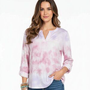 Chico's Tie-Dye Popover Boho Tunic Pink & Purple Sz 2/L Hi-Low Hem Notch V-Neck